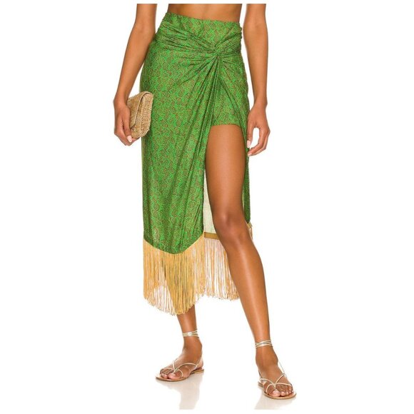 Vix Swimwear Karen Fringe Wrap Effect Midi Skirt Namaste Green NWT Size M - Picture 1 of 16